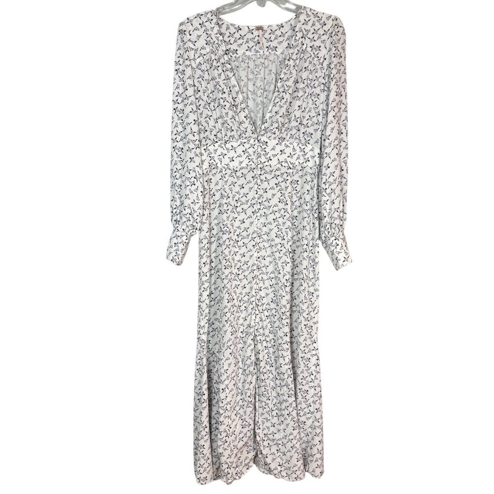 FREE PEOPLE Walk Me Home Maxi Dress, Black Bird Print, Button Down, Size 4